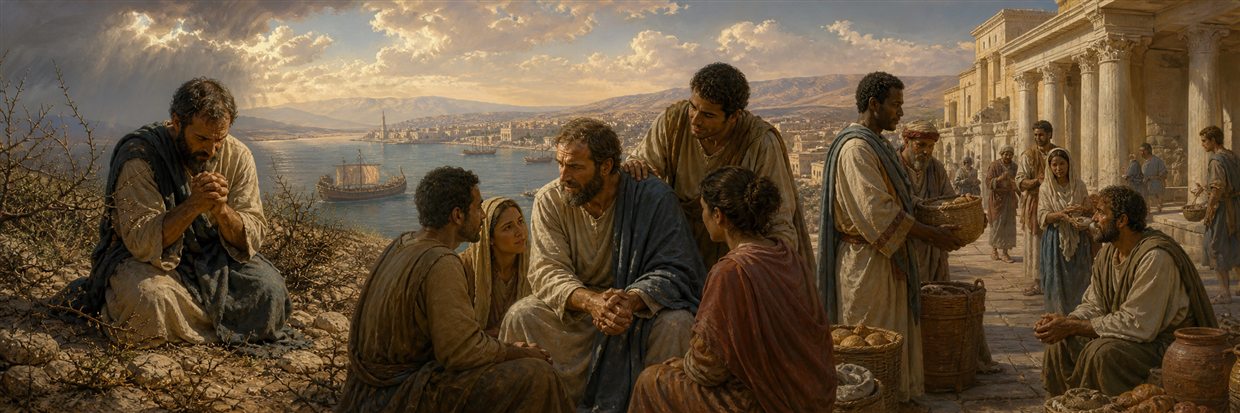 A weary apostle praying among thorns before returning to serve a supportive community